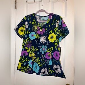 Size large navy purple yellow blue white green flower floral scrub top uniform